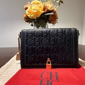 Carolina Herrera Navy Embossed Crossbody Bag